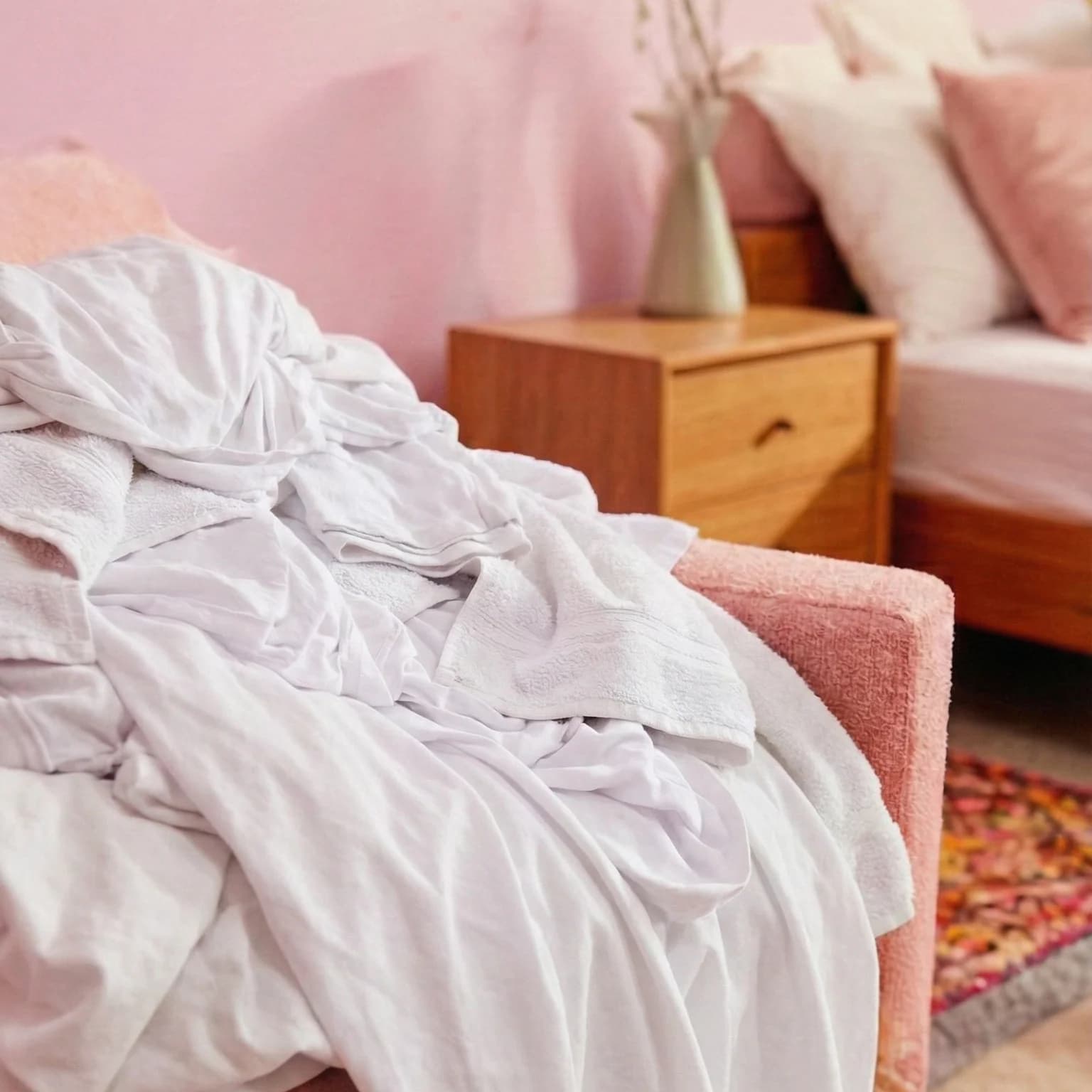 Een stapel frisgewassen witte was op een stoel in de slaapkamer